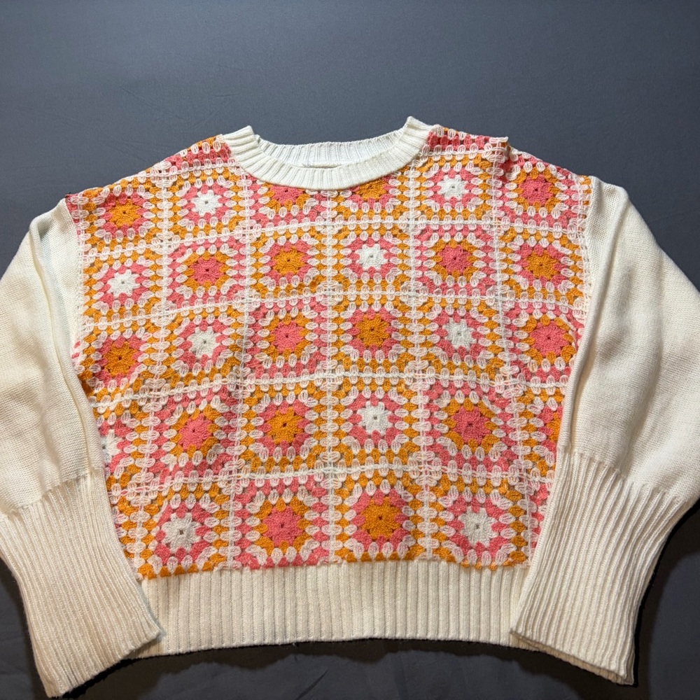 Crochet Granny Square Knit Sweater Top Pink Orange Cream